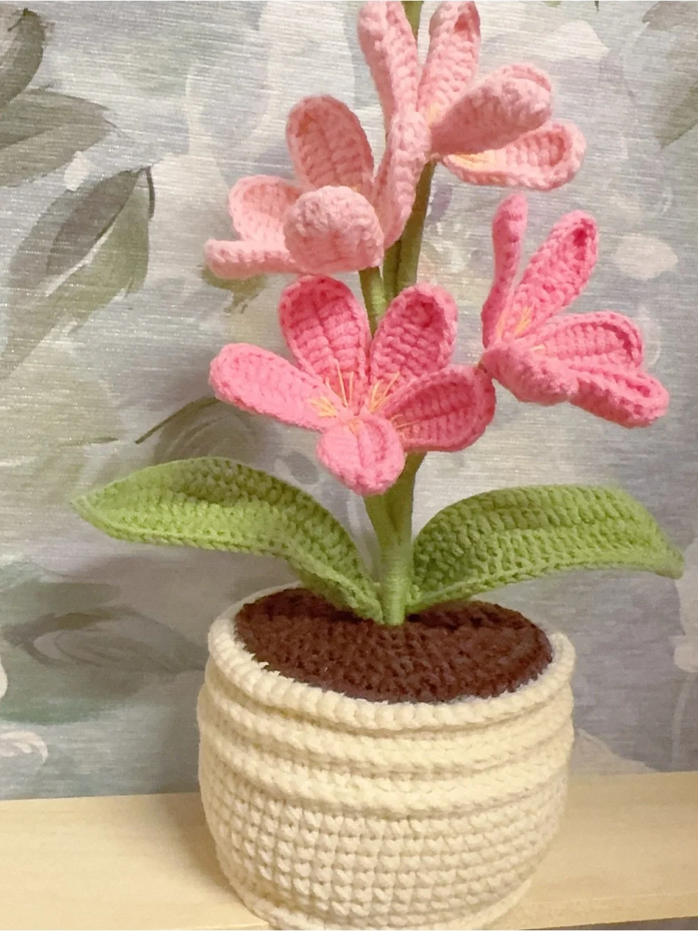 Handmade Pink Crochet Flower Plant in Cream Pot - Home Accents